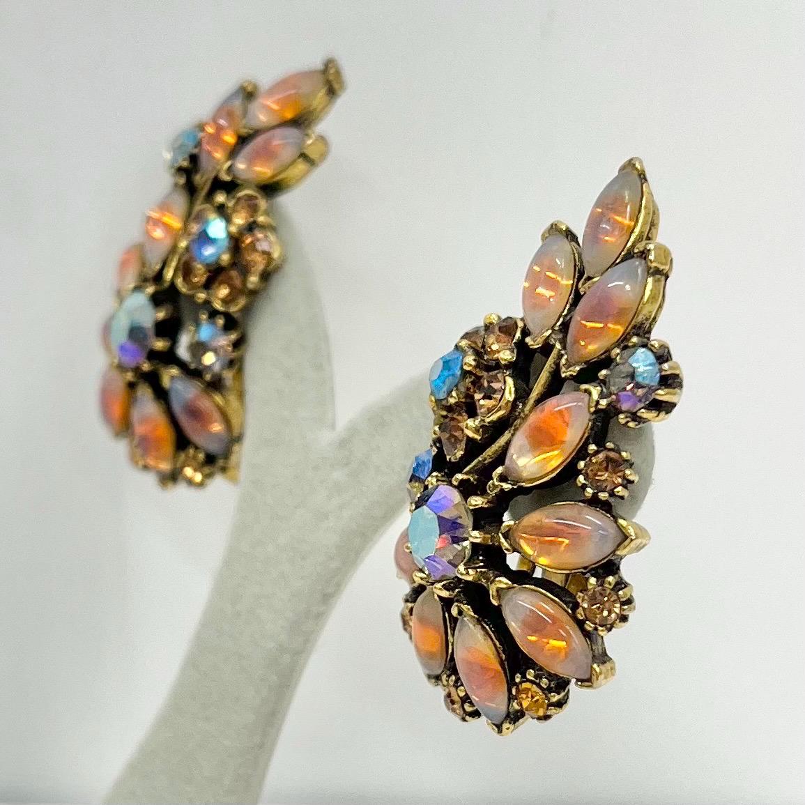 Stunning Vintage Floral Pink Fire Opal Czech Glass Clip On Earrings with Sparkling Crystal Accents Exquisite Design Excellent Quality TheGreenGlassGemShop