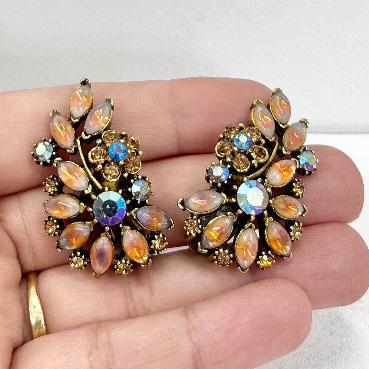 Stunning Vintage Floral Pink Fire Opal Czech Glass Clip On Earrings with Sparkling Crystal Accents Exquisite Design Excellent Quality TheGreenGlassGemShop