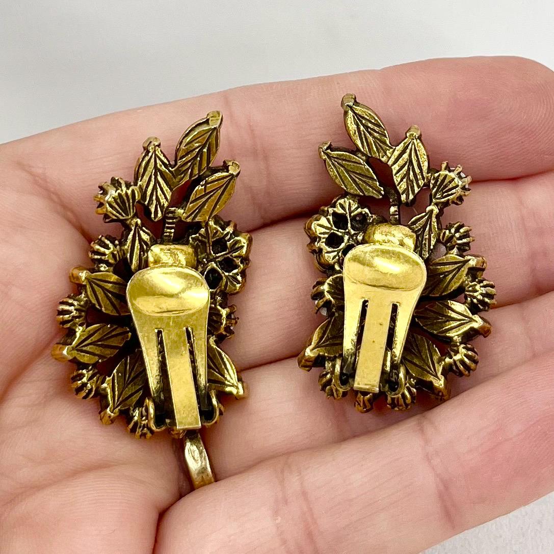 Stunning Vintage Floral Pink Fire Opal Czech Glass Clip On Earrings with Sparkling Crystal Accents Exquisite Design Excellent Quality TheGreenGlassGemShop