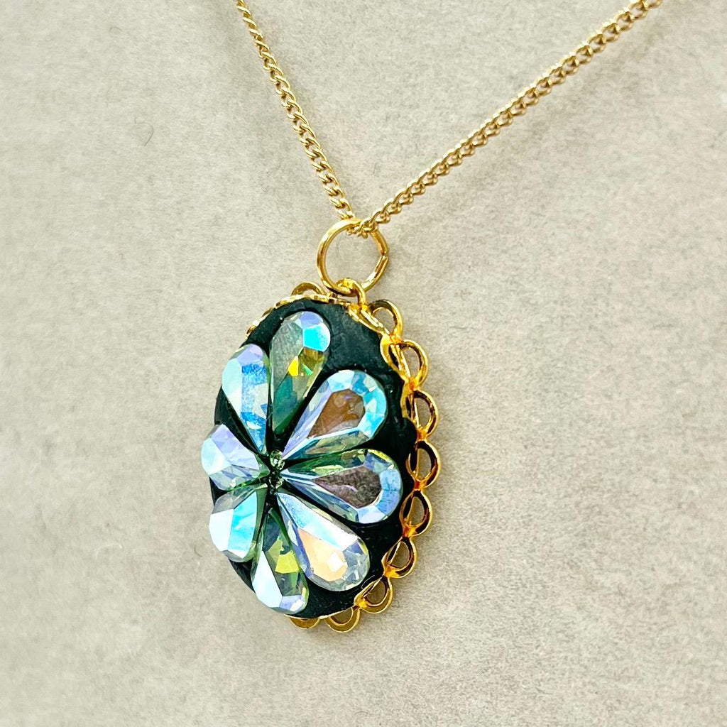 AB Green Uranium Crystal Pendant with Vintage Uranium Swarovski Crystal Elements in a Gold Tone Setting 18” Chain UV Reactive Glow TheGreenGlassGemShop