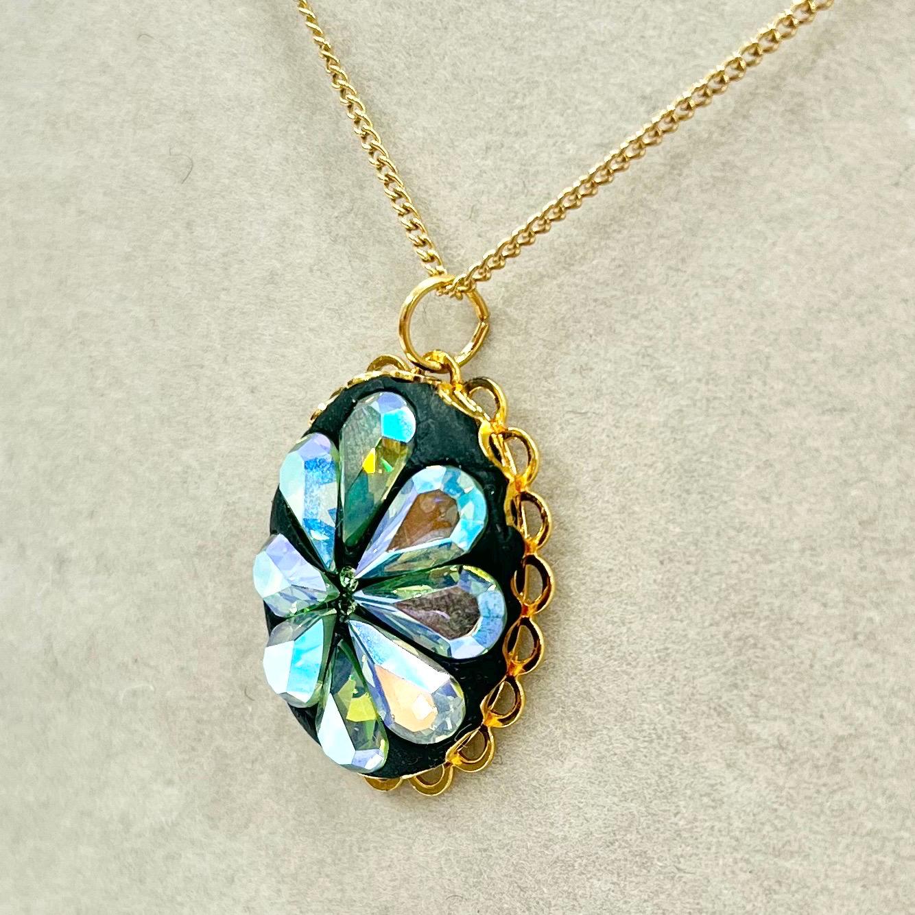 AB Green Uranium Crystal Pendant with Vintage Uranium Swarovski Crystal Elements in a Gold Tone Setting 18” Chain UV Reactive Glow TheGreenGlassGemShop