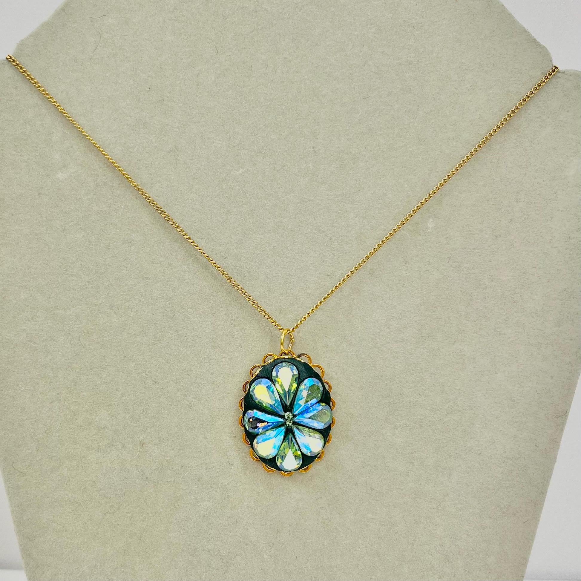 AB Green Uranium Crystal Pendant with Vintage Uranium Swarovski Crystal Elements in a Gold Tone Setting 18” Chain UV Reactive Glow TheGreenGlassGemShop