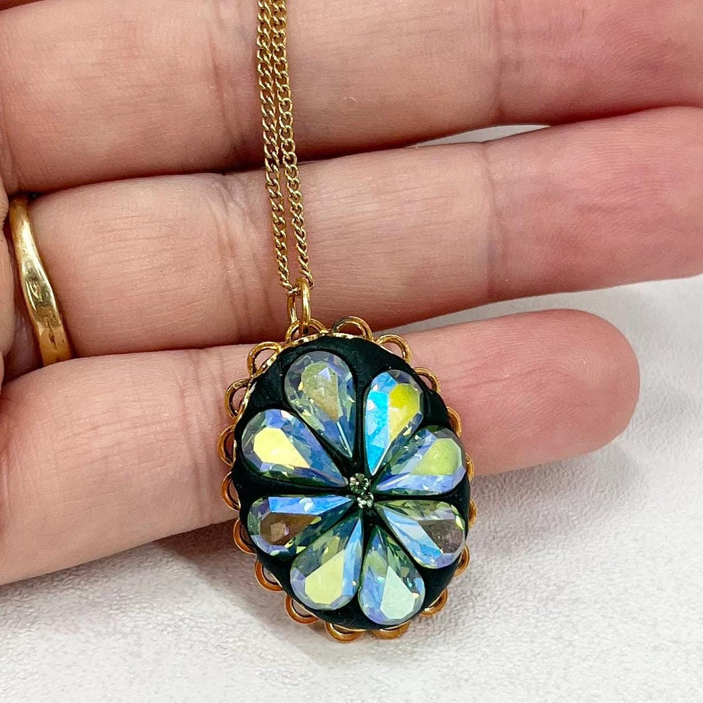 AB Green Uranium Crystal Pendant with Vintage Uranium Swarovski Crystal Elements in a Gold Tone Setting 18” Chain UV Reactive Glow TheGreenGlassGemShop