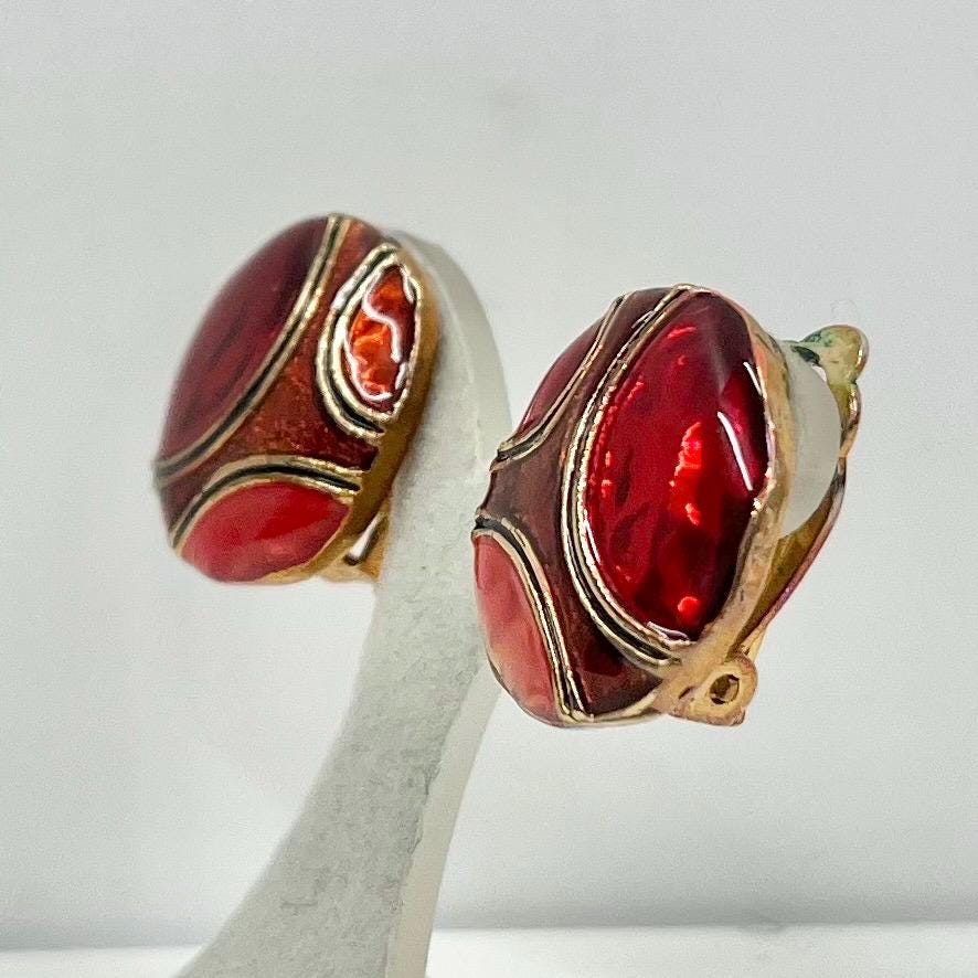 Vintage Enamel Clip On Earrings Red / Orange and Gold Shimmer in a Gold Tone Setting 1980’s - 1990’s TheGreenGlassGemShop