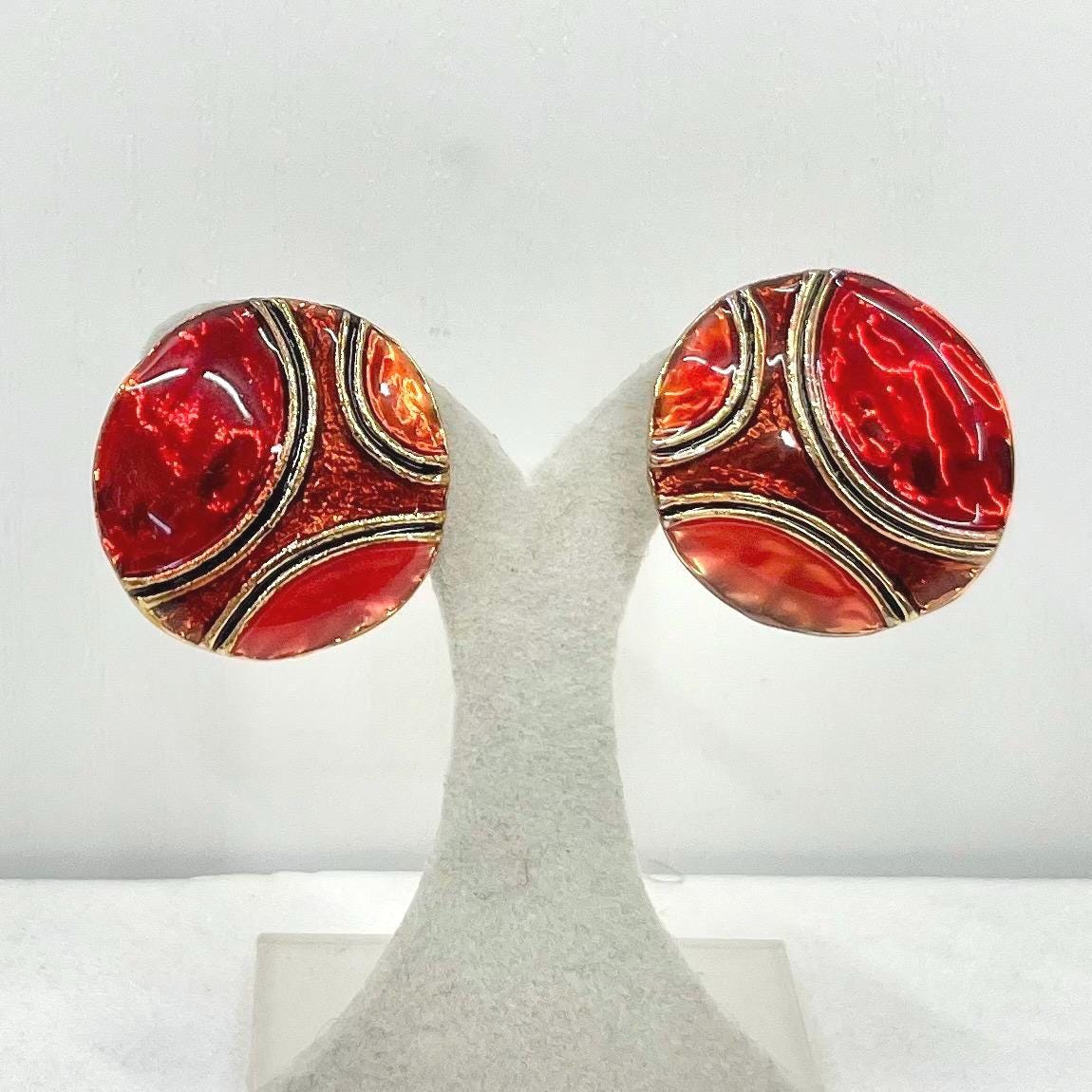 Vintage Enamel Clip On Earrings Red / Orange and Gold Shimmer in a Gold Tone Setting 1980’s - 1990’s TheGreenGlassGemShop