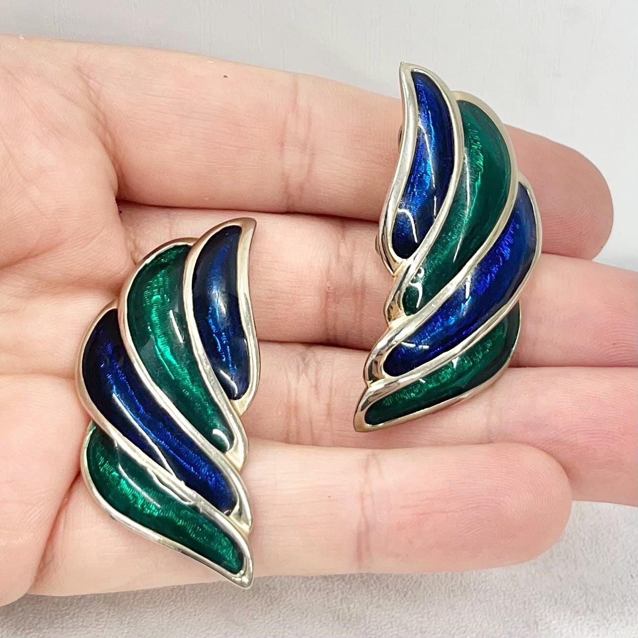 Vintage Enamel Clip On Earrings Blue & Green in a Gold Tone Setting 1980’s - 1990’s Hollywood Glamour TheGreenGlassGemShop