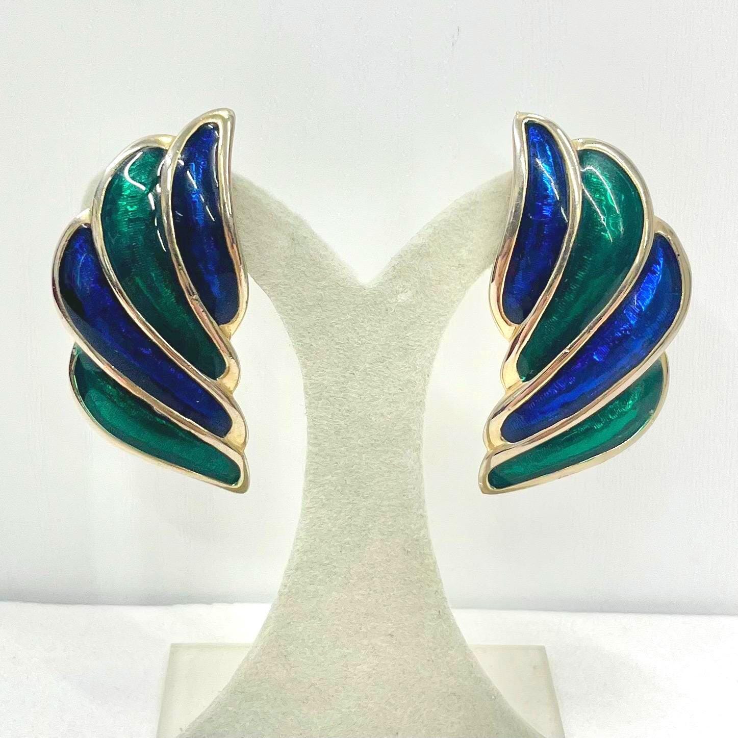 Vintage Enamel Clip On Earrings Blue & Green in a Gold Tone Setting 1980’s - 1990’s Hollywood Glamour TheGreenGlassGemShop