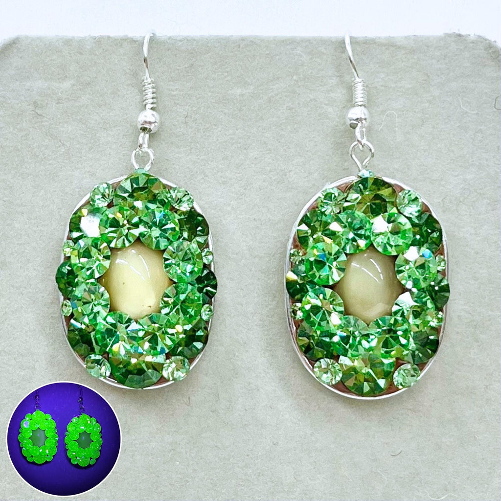 Handmade Uranium Glass Crystal Cluster Drop Earrings UV Reactive Glow with Vintage Swarovski Crystals TheGreenGlassGemShop