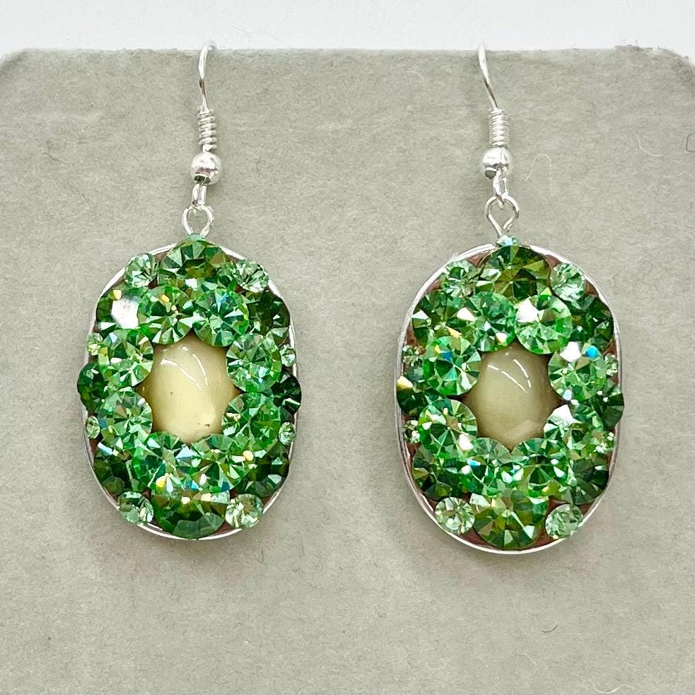 Handmade Uranium Glass Crystal Cluster Drop Earrings UV Reactive Glow with Vintage Swarovski Crystals TheGreenGlassGemShop