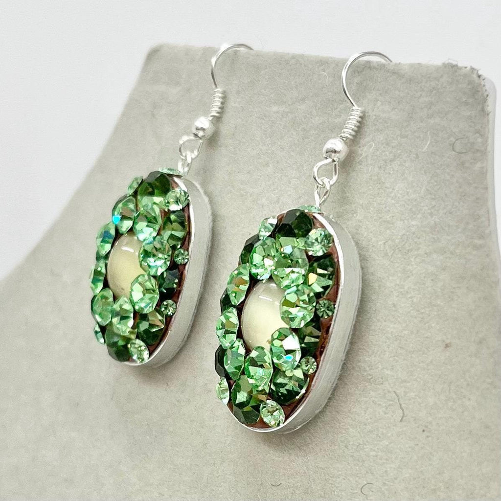Handmade Uranium Glass Crystal Cluster Drop Earrings UV Reactive Glow with Vintage Swarovski Crystals TheGreenGlassGemShop