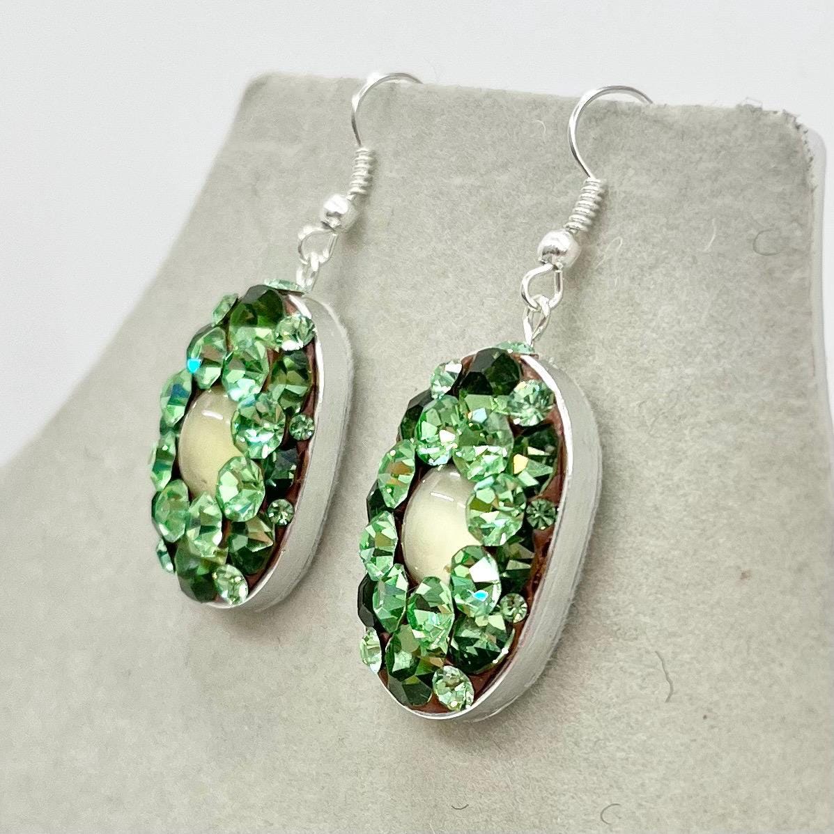 Handmade Uranium Glass Crystal Cluster Drop Earrings UV Reactive Glow with Vintage Swarovski Crystals TheGreenGlassGemShop