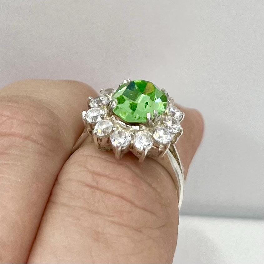 Sterling Silver Uranium Glass Oval Cut Crystal Dress Ring with a Sparkling Halo UV Reactive Glow UV Jewellery Size uk L TheGreenGlassGemShop