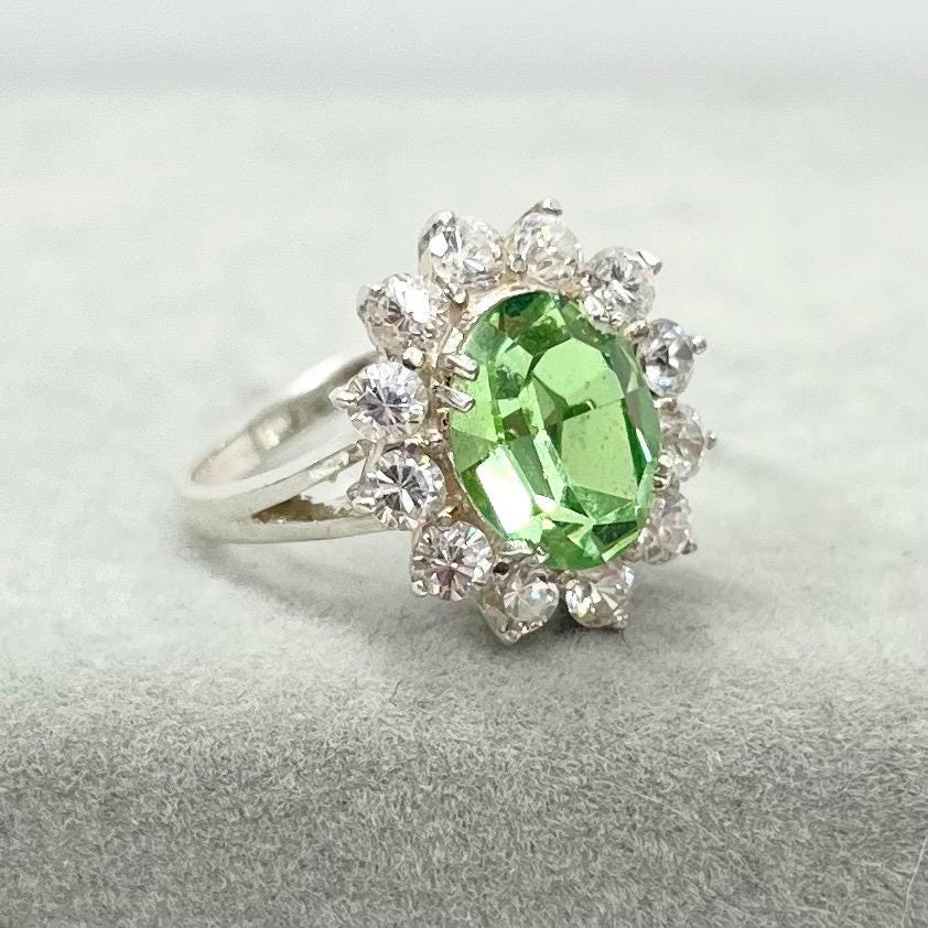Sterling Silver Uranium Glass Oval Cut Crystal Dress Ring with a Sparkling Halo UV Reactive Glow UV Jewellery Size uk L TheGreenGlassGemShop