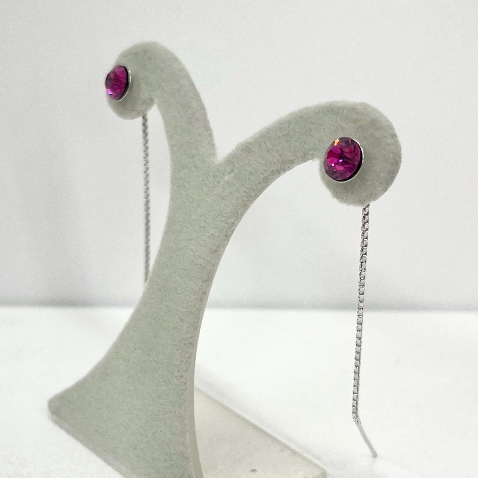 Sterling Silver Fuchsia Pink Glass Round Cut Crystal Pull Through Drop Earrings 6mm TheGreenGlassGemShop
