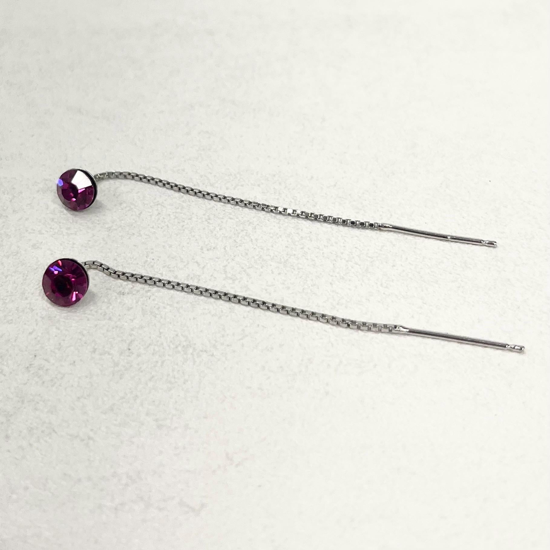 Sterling Silver Fuchsia Pink Glass Round Cut Crystal Pull Through Drop Earrings 6mm TheGreenGlassGemShop