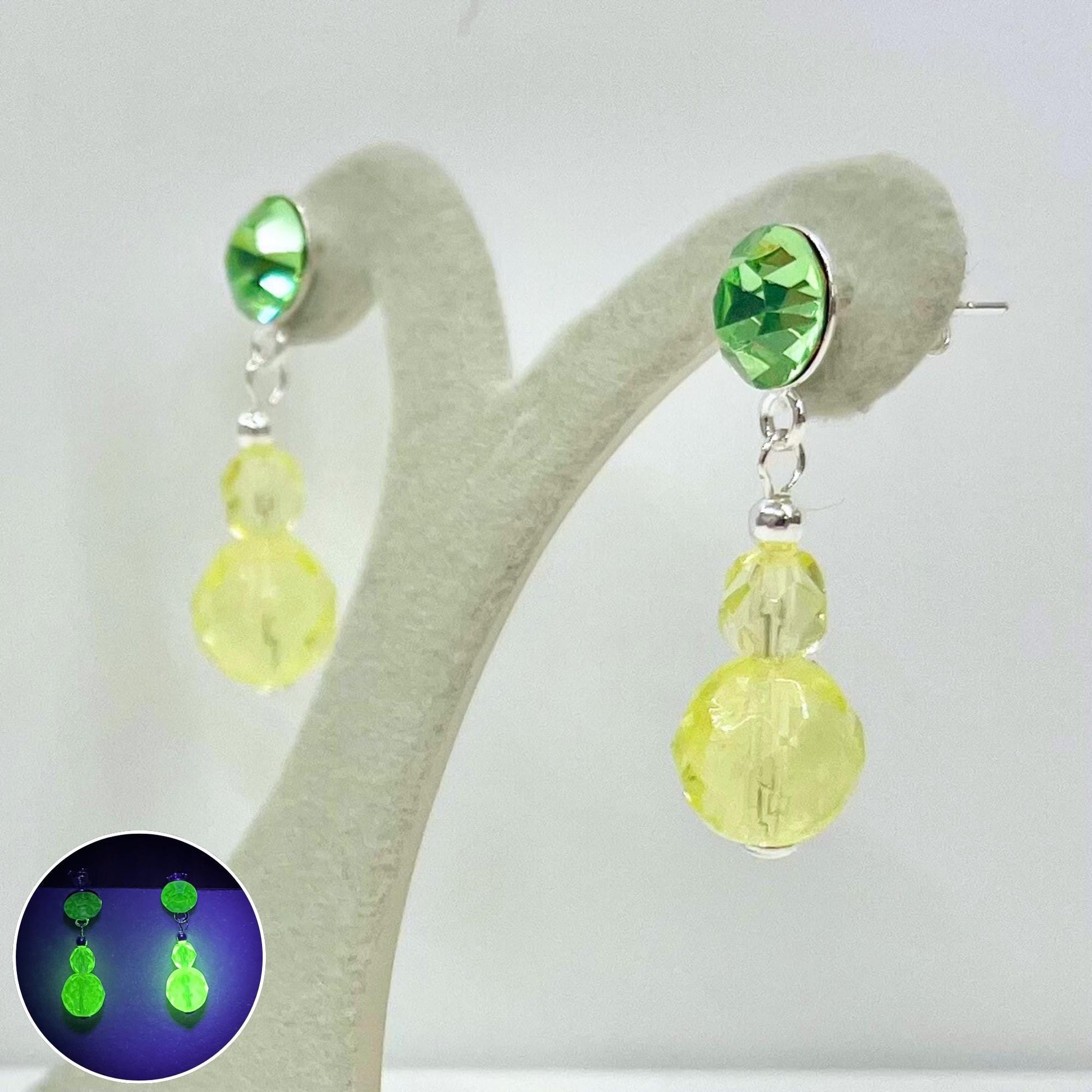 Sterling Silver Yellow & Green Uranium Glass and Crystal Bead Drop Stud Earrings with a UV Reactive Glow UV Jewellery TheGreenGlassGemShop