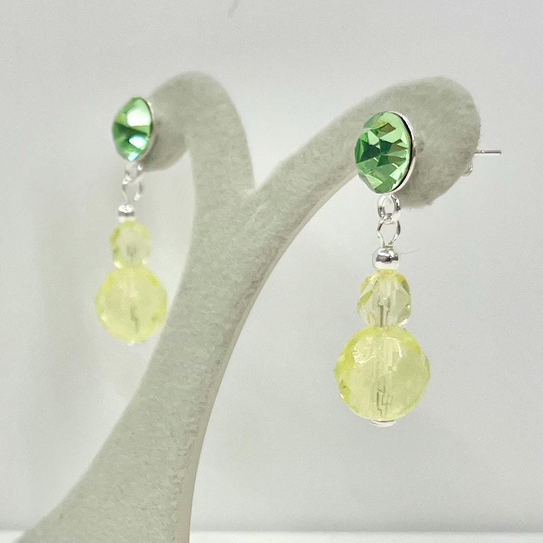 Sterling Silver Yellow & Green Uranium Glass and Crystal Bead Drop Stud Earrings with a UV Reactive Glow UV Jewellery TheGreenGlassGemShop