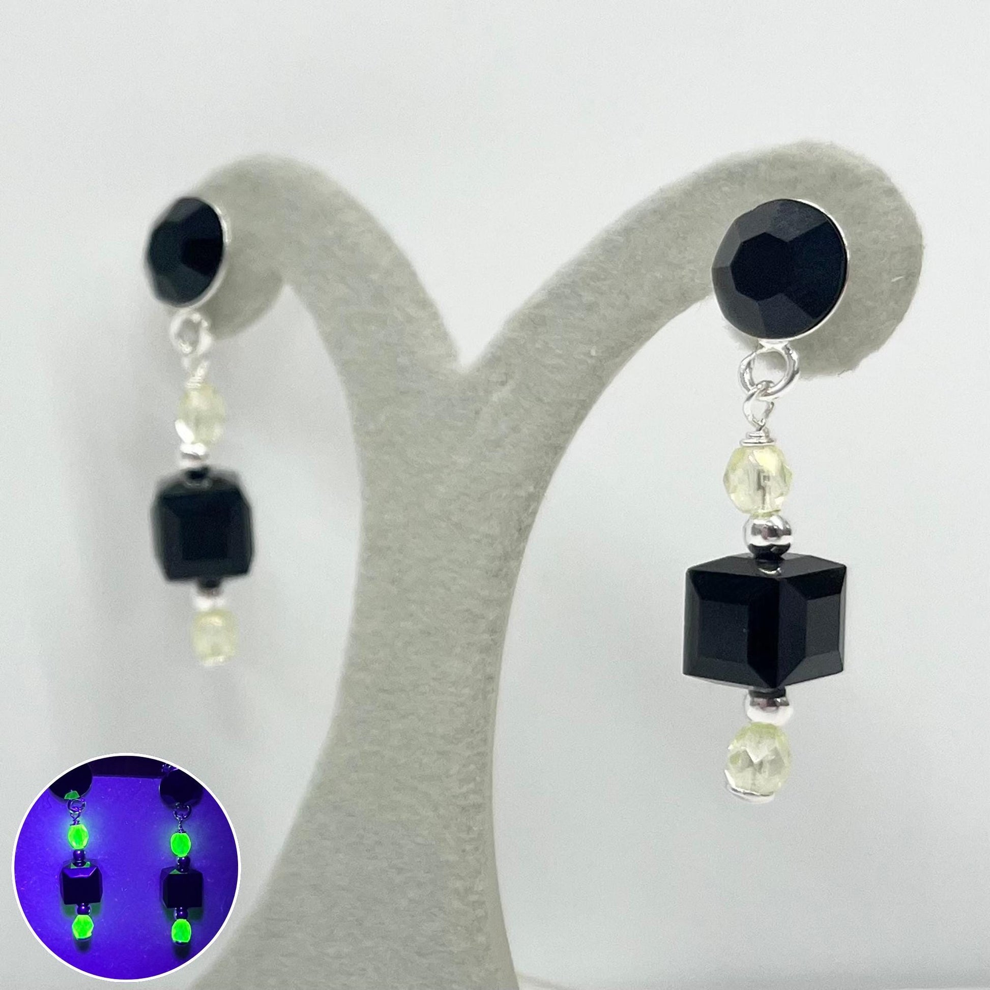 Sterling Silver Yellow Uranium Glass and Jet Black Cube Crystal Bead Drop Stud Earrings with a UV Reactive Glow UV Jewellery TheGreenGlassGemShop