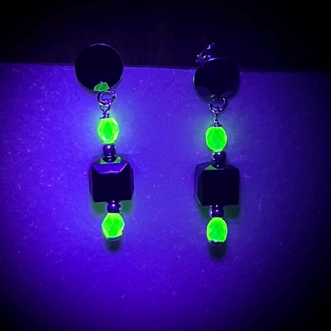 Sterling Silver Yellow Uranium Glass and Jet Black Cube Crystal Bead Drop Stud Earrings with a UV Reactive Glow UV Jewellery TheGreenGlassGemShop
