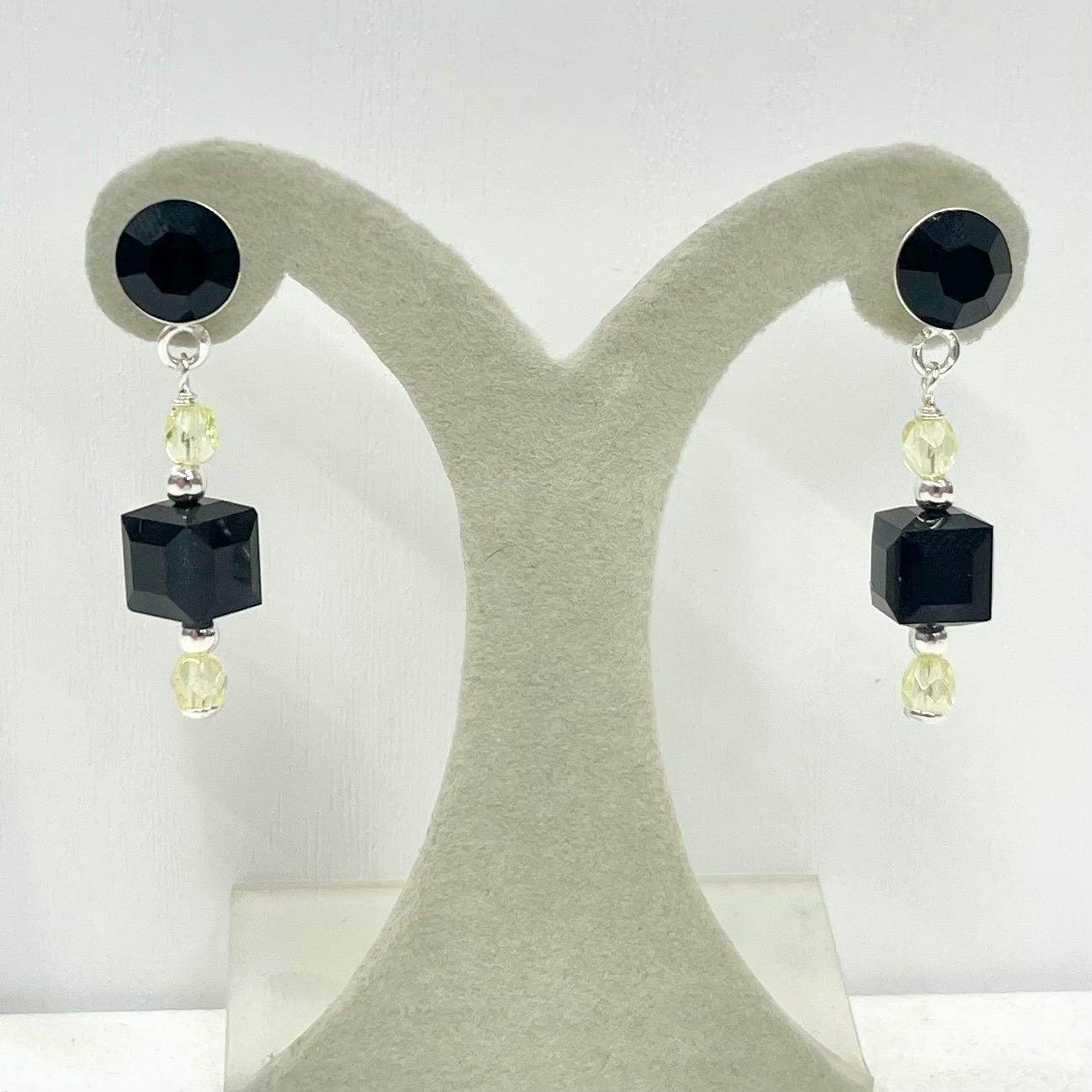 Sterling Silver Yellow Uranium Glass and Jet Black Cube Crystal Bead Drop Stud Earrings with a UV Reactive Glow UV Jewellery TheGreenGlassGemShop