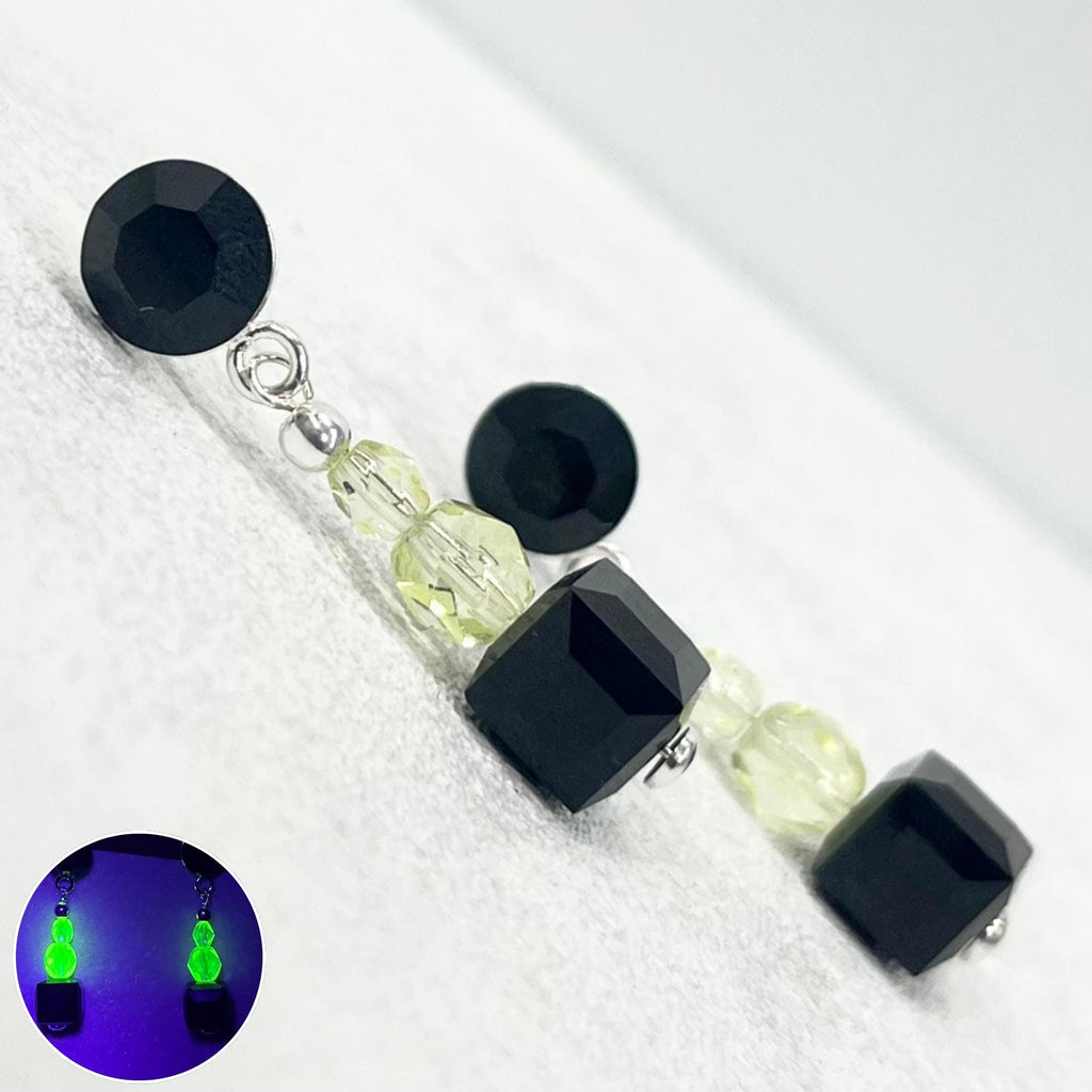 Sterling Silver Yellow Uranium Glass Bead and Jet Black Cube Crystal Drop Stud Earrings with a UV Reactive Glow UV Jewellery TheGreenGlassGemShop