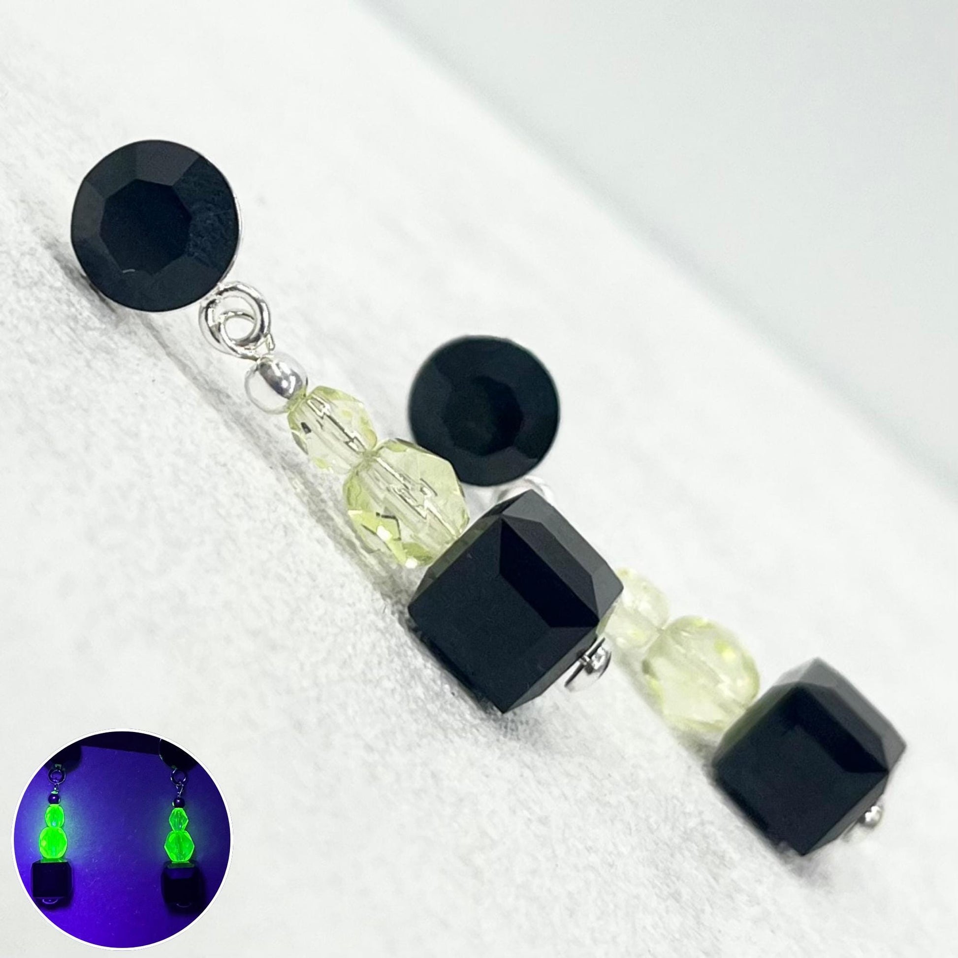 Sterling Silver Yellow Uranium Glass Bead and Jet Black Cube Crystal Drop Stud Earrings with a UV Reactive Glow UV Jewellery TheGreenGlassGemShop