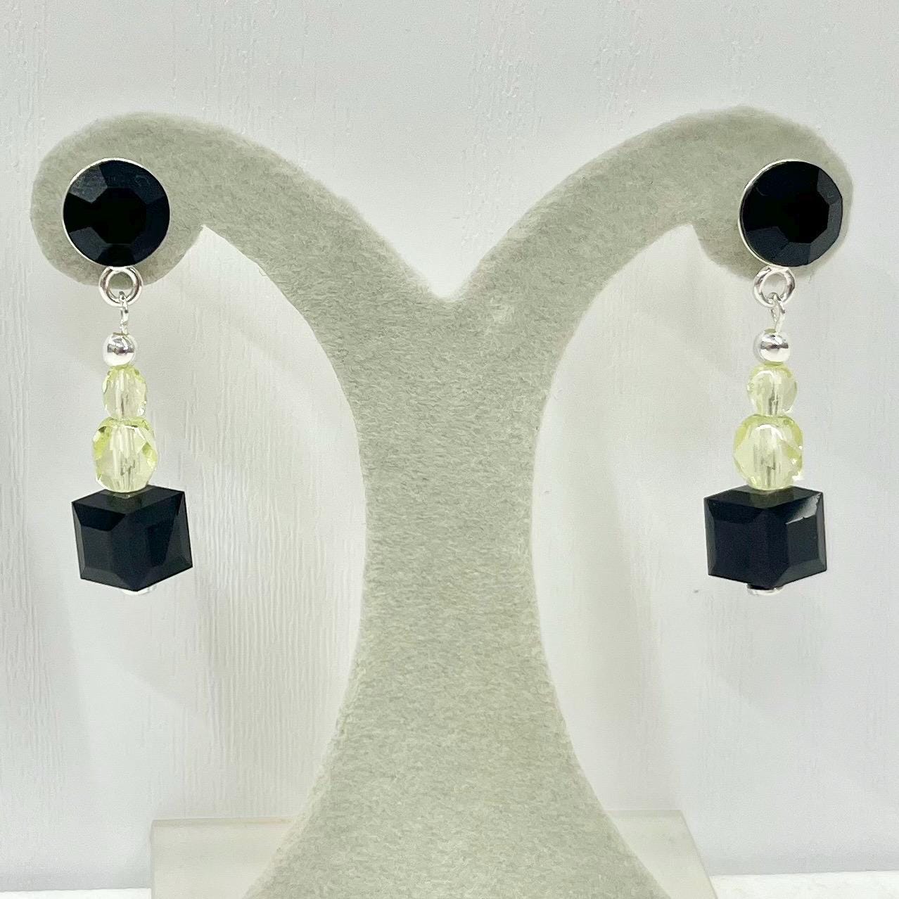 Sterling Silver Yellow Uranium Glass Bead and Jet Black Cube Crystal Drop Stud Earrings with a UV Reactive Glow UV Jewellery TheGreenGlassGemShop
