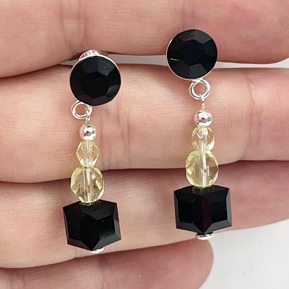 Sterling Silver Yellow Uranium Glass Bead and Jet Black Cube Crystal Drop Stud Earrings with a UV Reactive Glow UV Jewellery TheGreenGlassGemShop