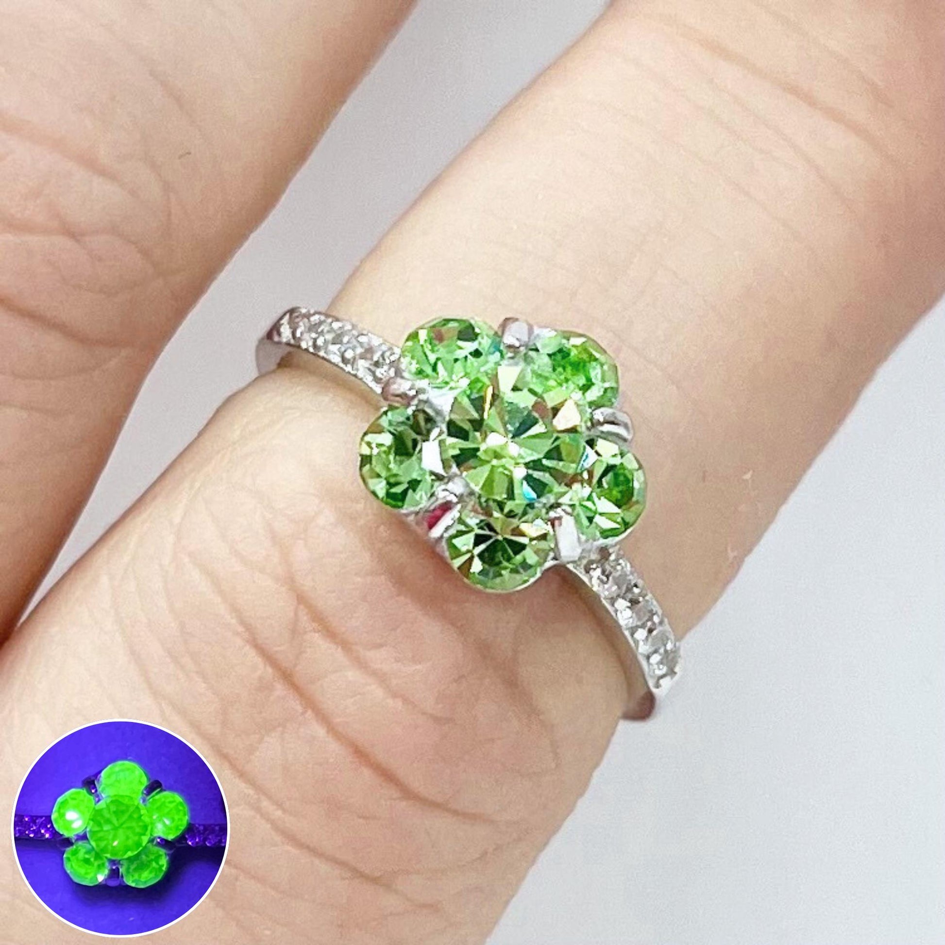 Sterling Silver Green Uranium Glass Crystal Flower Dress Ring with a UV Reactive Glow UV Jewellery Size uk L 1/2 is 6 1/4 TheGreenGlassGemShop