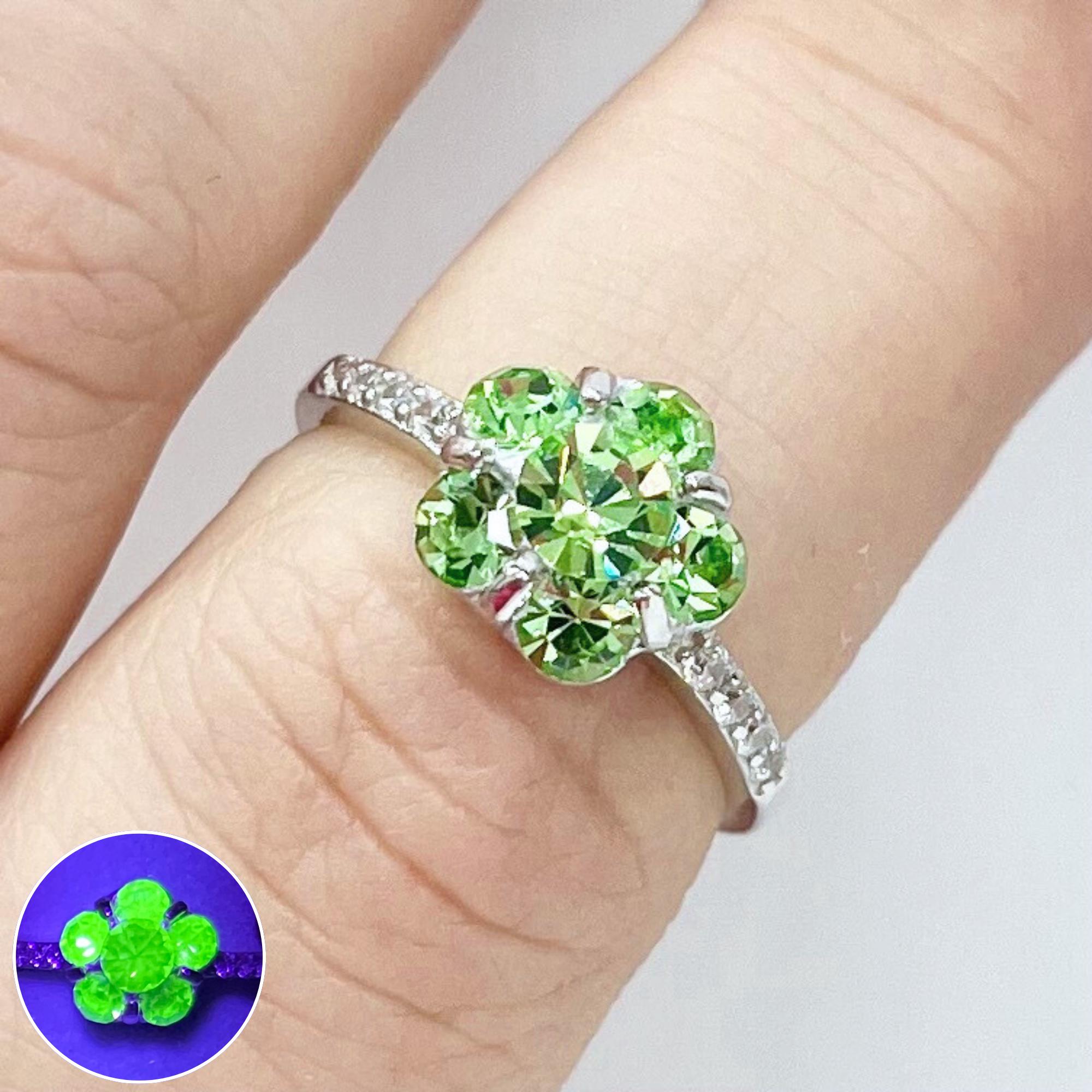 Sterling Silver Green Uranium Glass Crystal Flower Dress Ring with a UV Reactive Glow UV Jewellery Size uk L 1/2 is 6 1/4 TheGreenGlassGemShop