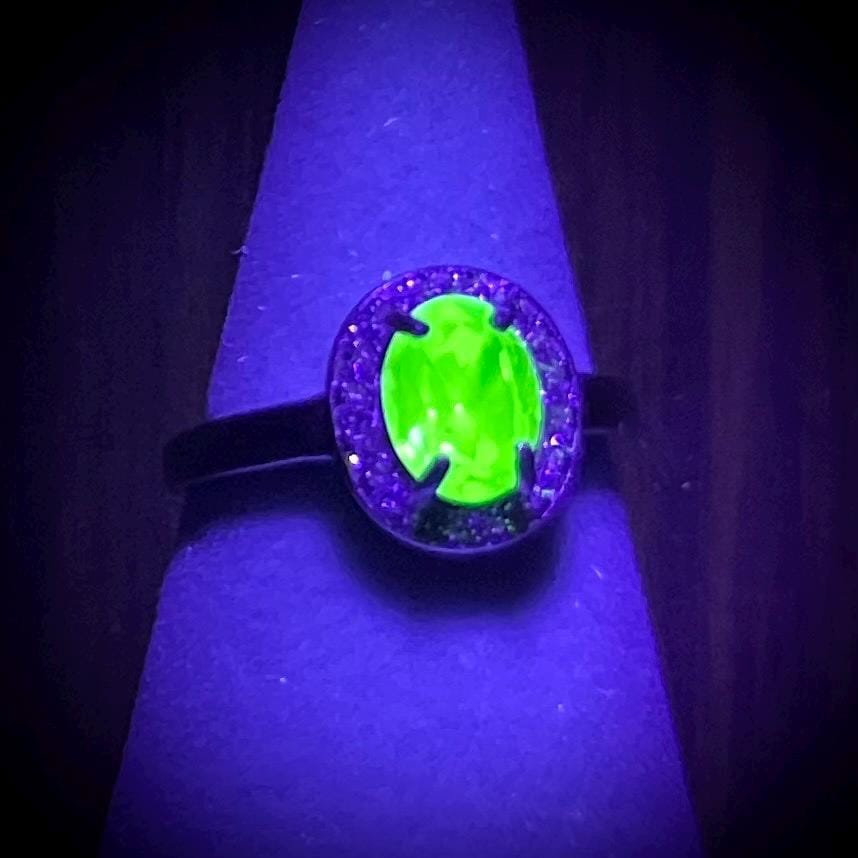 Sterling Silver Uranium Glass Oval Cut Crystal Dress Ring with a Clear Crystal Sparkling Halo UV Reactive Glow UV Jewellery Size uk M 1/2 TheGreenGlassGemShop