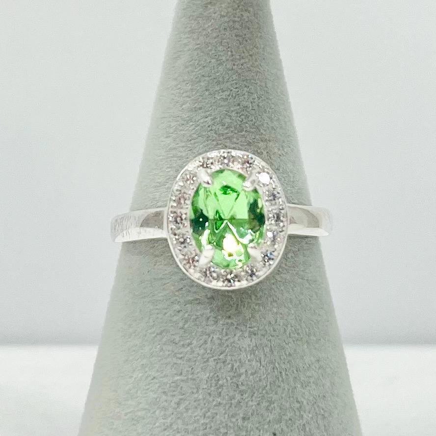 Sterling Silver Uranium Glass Oval Cut Crystal Dress Ring with a Clear Crystal Sparkling Halo UV Reactive Glow UV Jewellery Size uk M 1/2 TheGreenGlassGemShop
