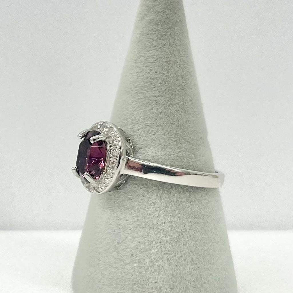 Sterling Silver Amethyst Glass Oval Cut Crystal Dress Ring with a Clear Crystal Sparkling Halo Size uk P 1/2 us 8 TheGreenGlassGemShop