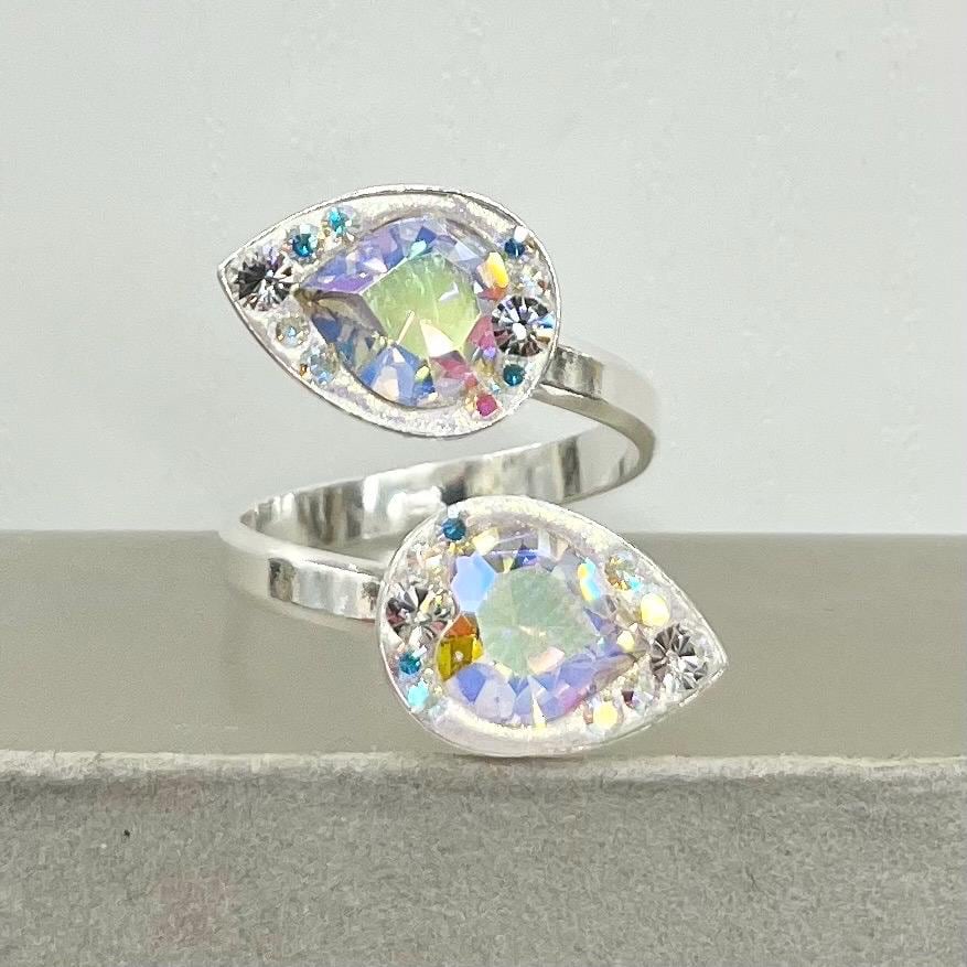 Sterling Silver Aurora Borealis Swarovski Crystal Heart Cut Dress Ring Wrap Around Adjustable Ring Unique Handmade Design TheGreenGlassGemShop