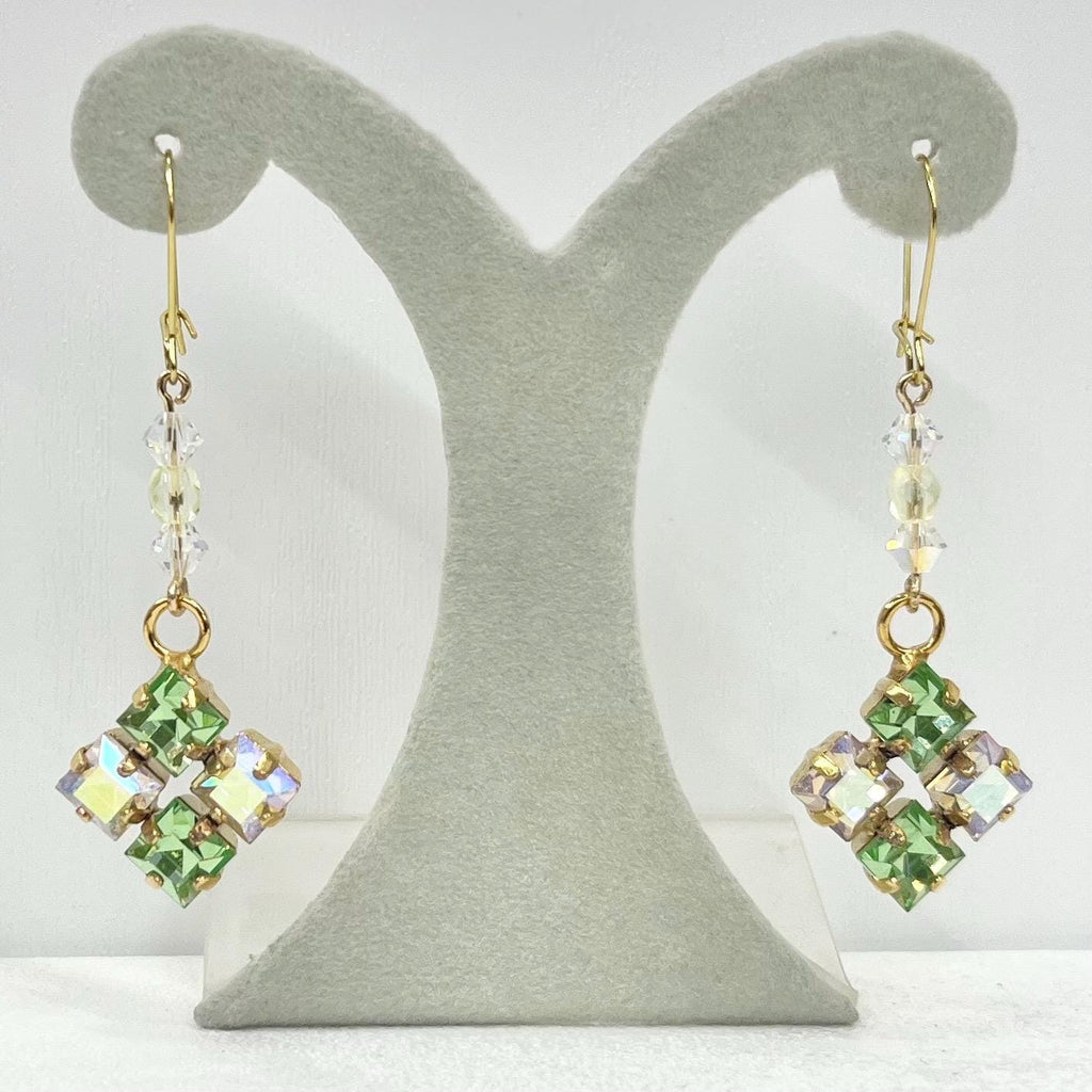 Vintage Aurora Borealis Green Uranium Glass Square Cut Crystal Drop Earrings UV Reactive Glow with Vintage Swarovski Crystals TheGreenGlassGemShop