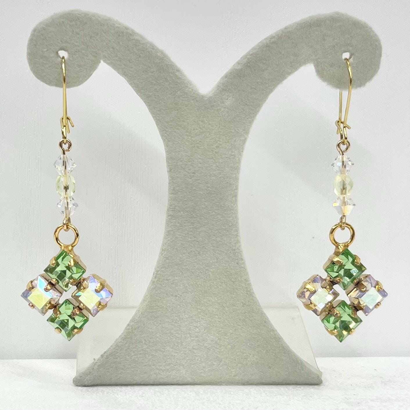 Vintage Aurora Borealis Green Uranium Glass Square Cut Crystal Drop Earrings UV Reactive Glow with Vintage Swarovski Crystals TheGreenGlassGemShop