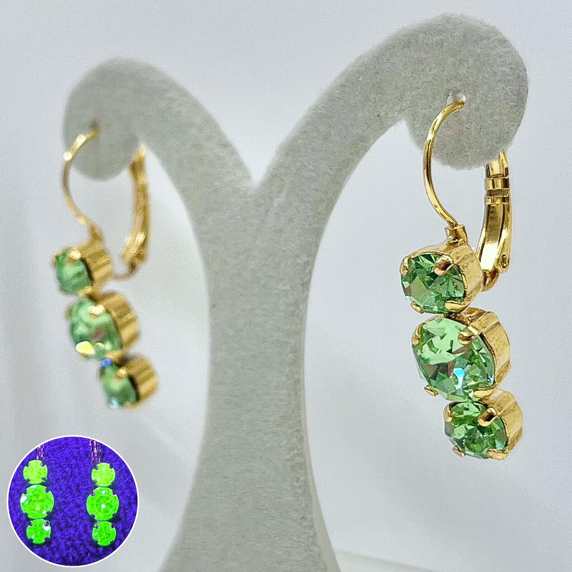 Vintage Green Uranium Glass Trio Crystal Drop Earrings UV Reactive Glow with Vintage Swarovski Crystals TheGreenGlassGemShop