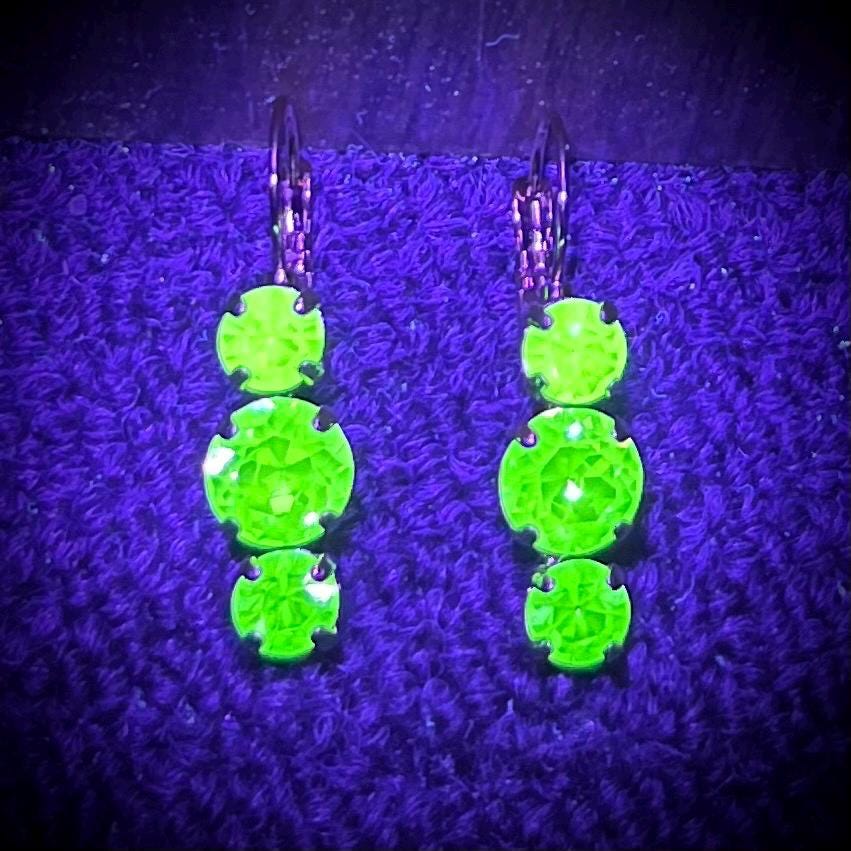 Vintage Green Uranium Glass Trio Crystal Drop Earrings UV Reactive Glow with Vintage Swarovski Crystals TheGreenGlassGemShop