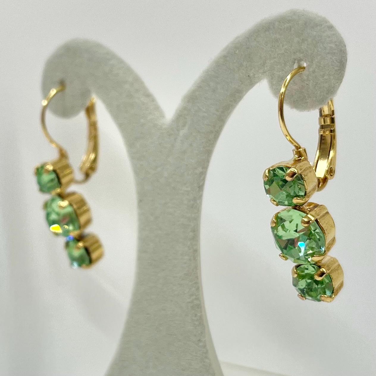 Vintage Green Uranium Glass Trio Crystal Drop Earrings UV Reactive Glow with Vintage Swarovski Crystals TheGreenGlassGemShop
