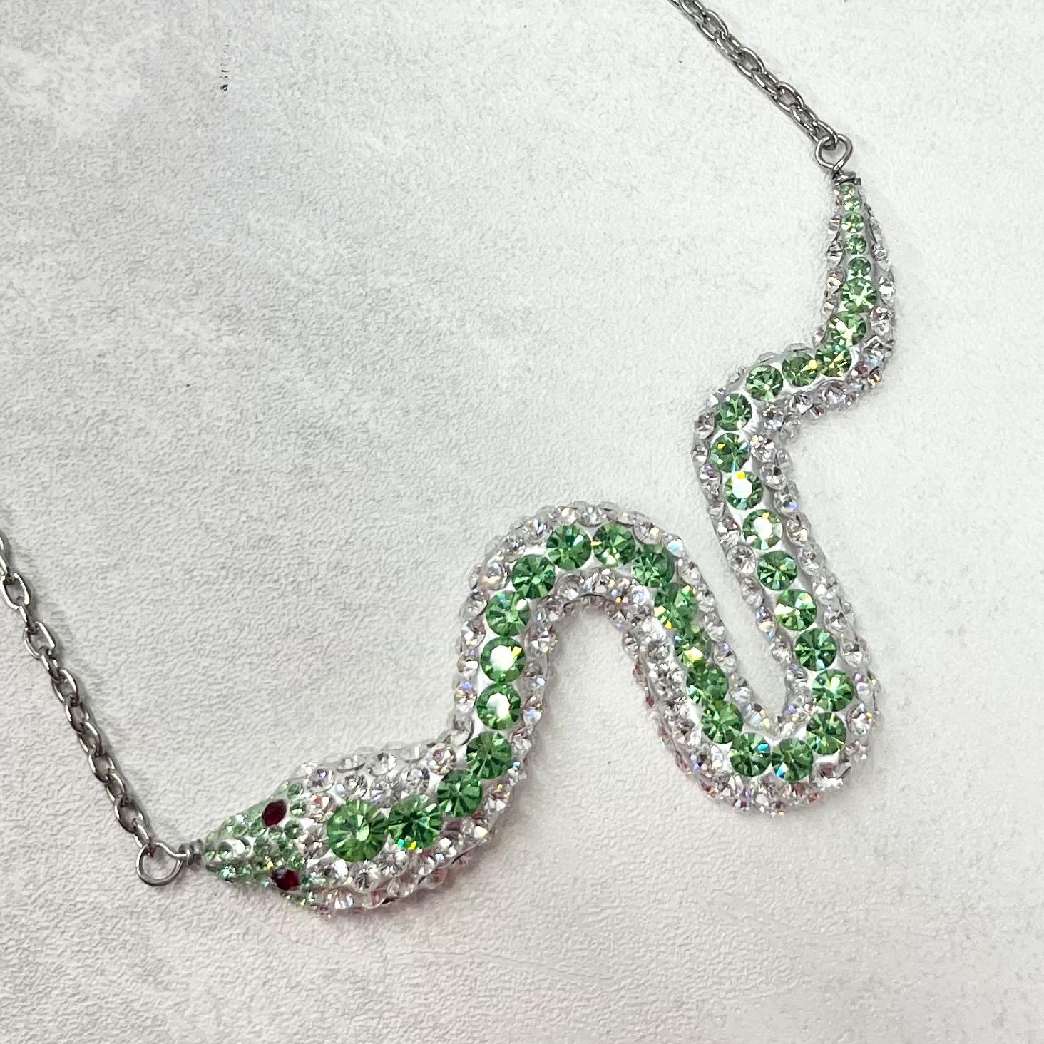 Swarovski Crystal Chaton Green Uranium & Clear Crystal Snake Necklace Silver Plate Chain UV Reactive Glow TheGreenGlassGemShop
