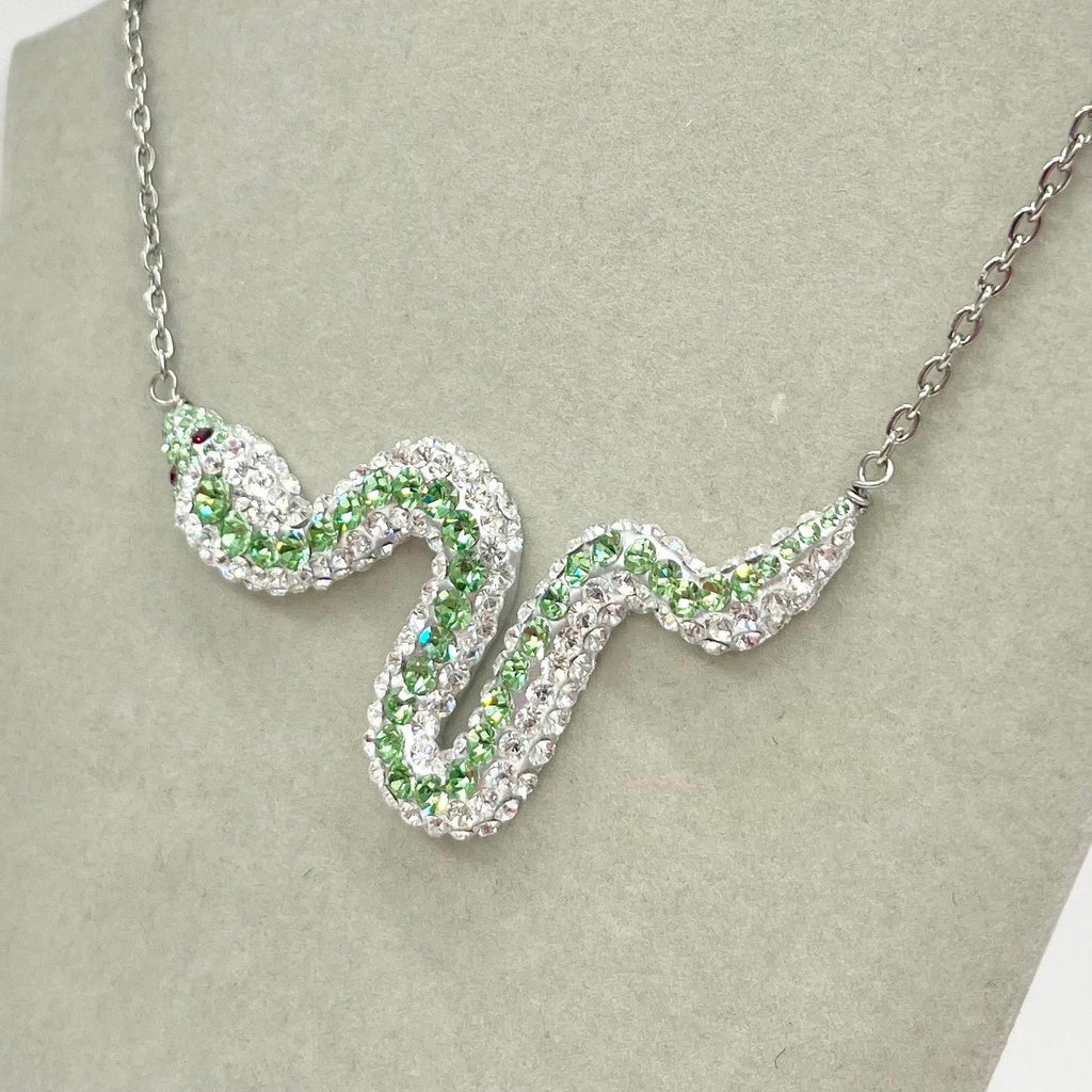 Swarovski Crystal Chaton Green Uranium & Clear Crystal Snake Necklace Silver Plate Chain UV Reactive Glow TheGreenGlassGemShop