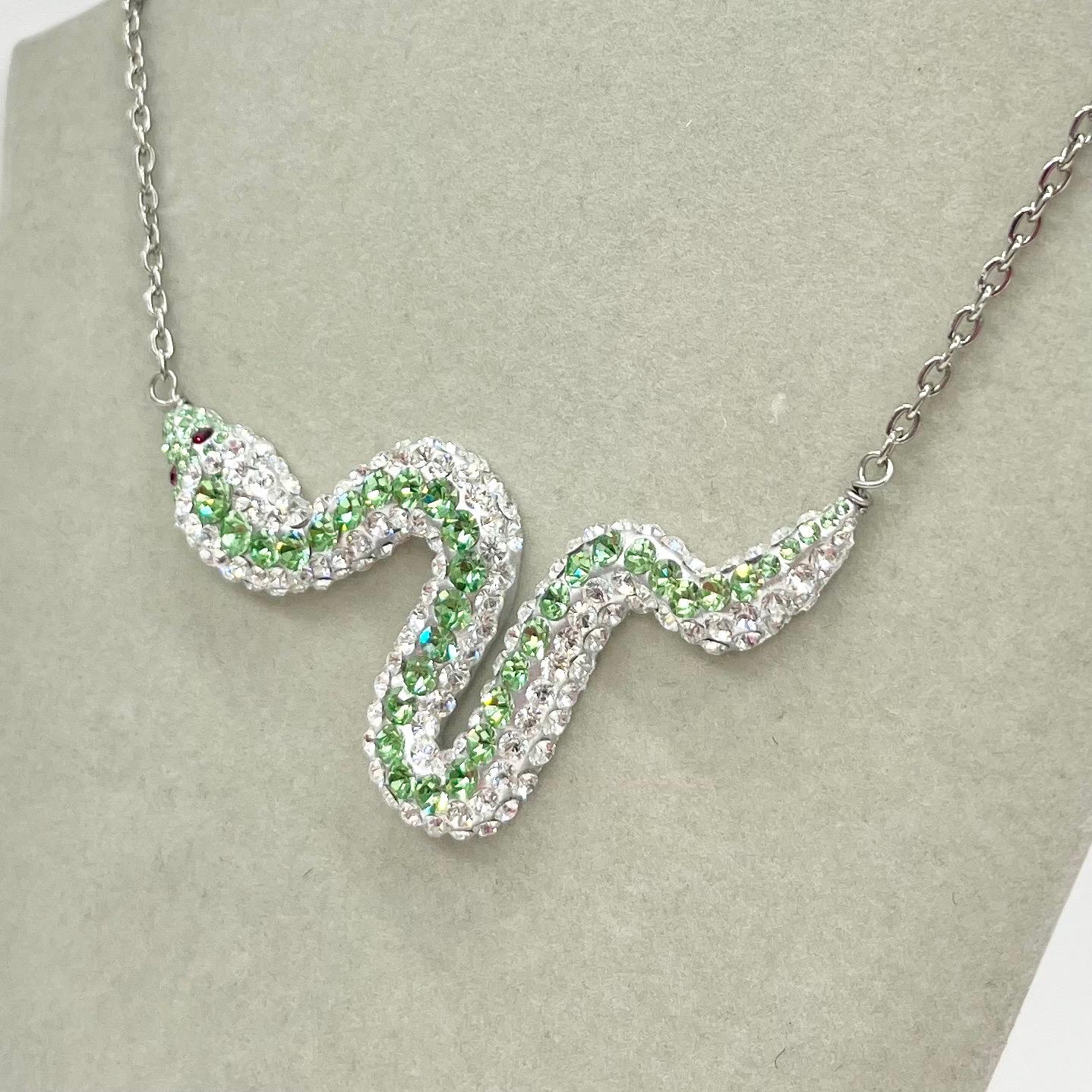 Swarovski Crystal Chaton Green Uranium & Clear Crystal Snake Necklace Silver Plate Chain UV Reactive Glow TheGreenGlassGemShop