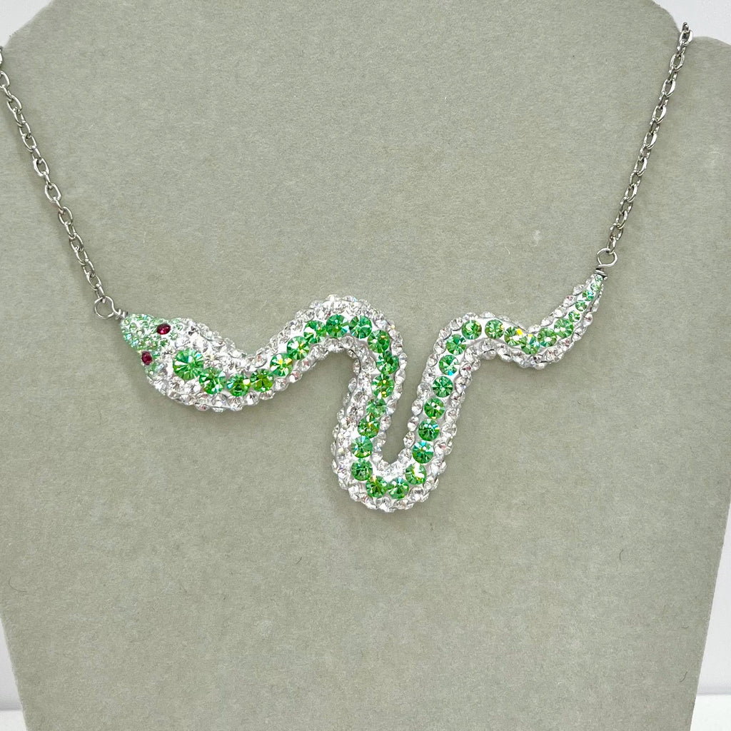 Swarovski Crystal Chaton Green Uranium & Clear Crystal Snake Necklace Silver Plate Chain UV Reactive Glow TheGreenGlassGemShop