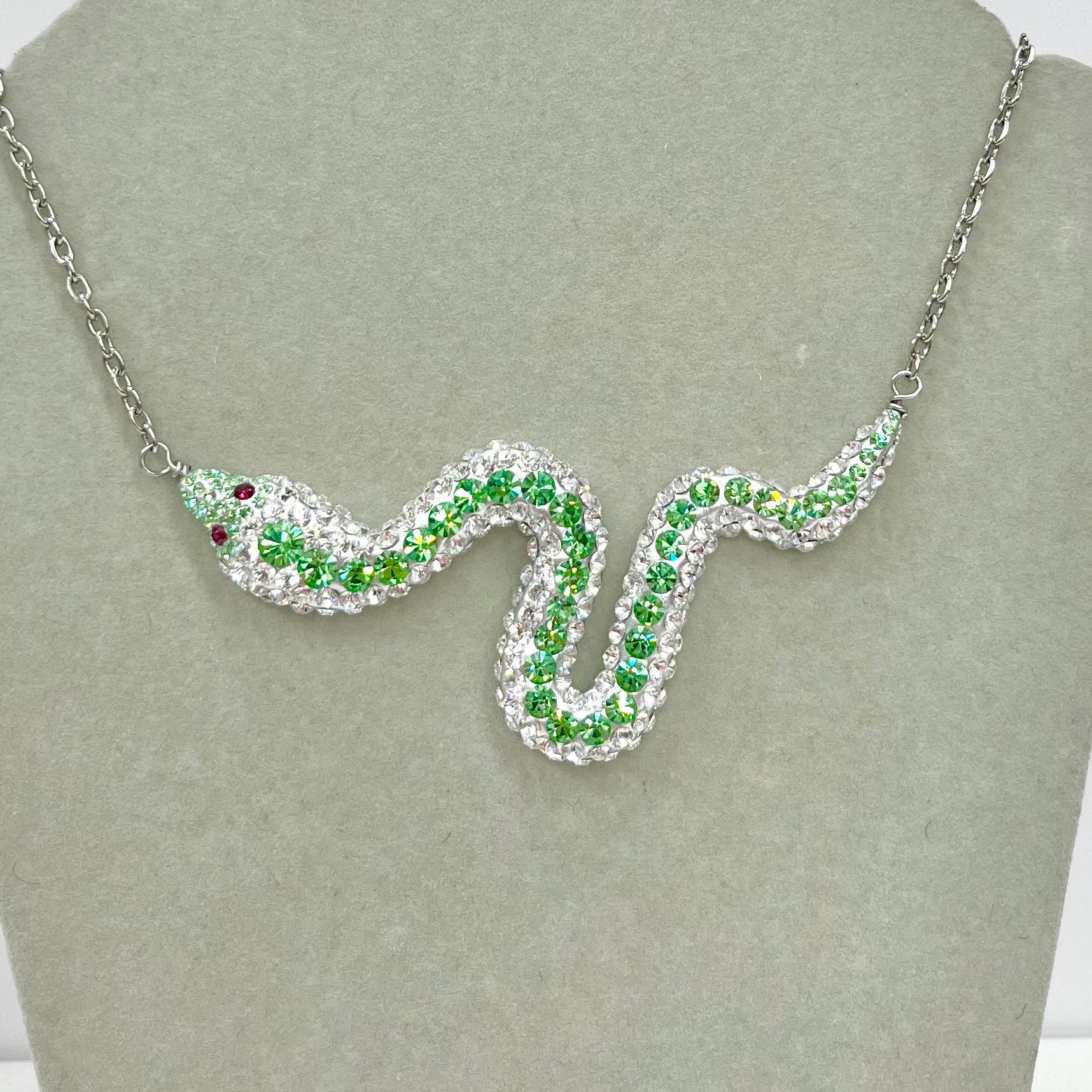 Swarovski Crystal Chaton Green Uranium & Clear Crystal Snake Necklace Silver Plate Chain UV Reactive Glow TheGreenGlassGemShop