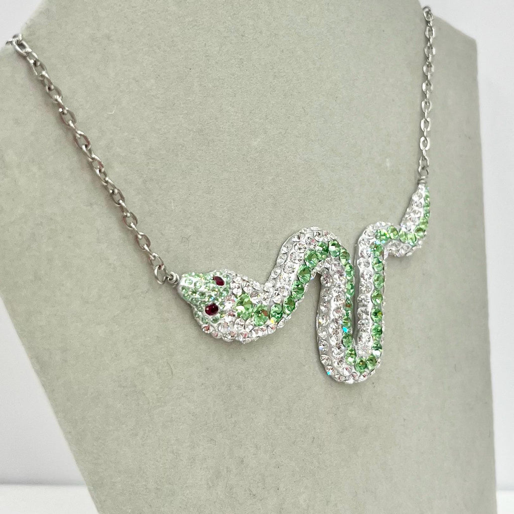 Swarovski Crystal Chaton Green Uranium & Clear Crystal Snake Necklace Silver Plate Chain UV Reactive Glow TheGreenGlassGemShop