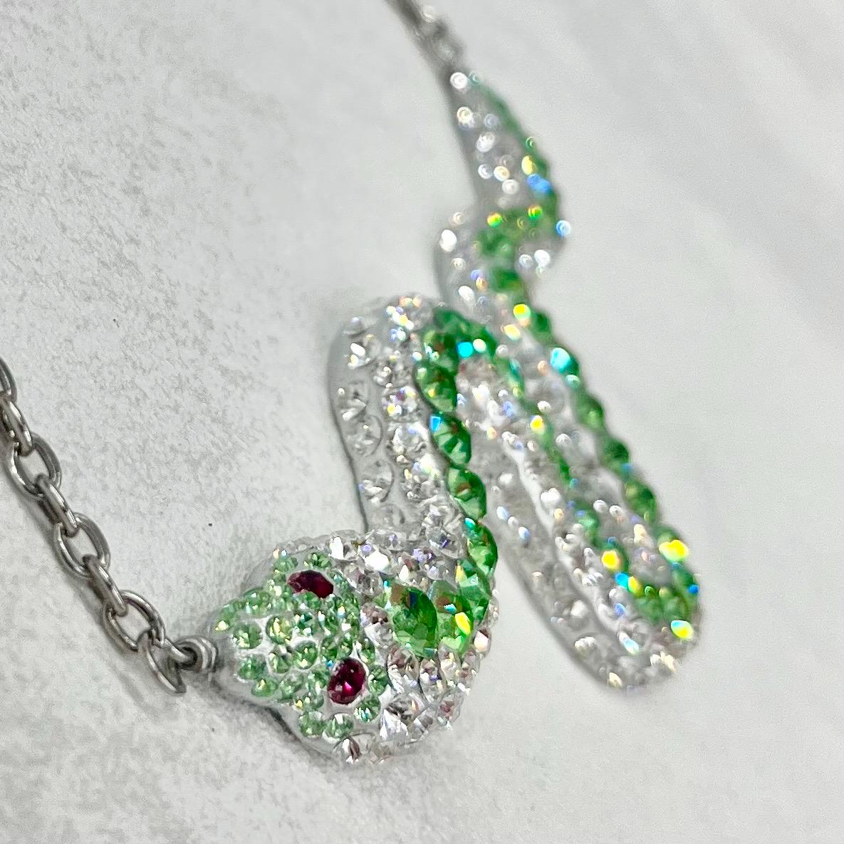 Swarovski Crystal Chaton Green Uranium & Clear Crystal Snake Necklace Silver Plate Chain UV Reactive Glow TheGreenGlassGemShop
