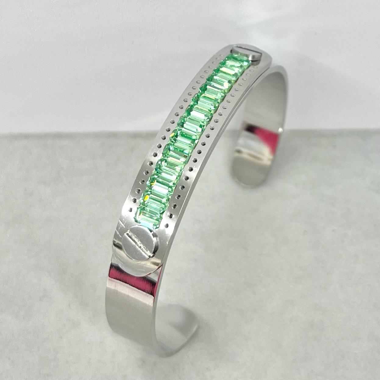 Swarovski Crystal Green Uranium Crystal Stainless Steel Bangle Bracelet Unisex Adjustable Fit UV Reactive Glow TheGreenGlassGemShop