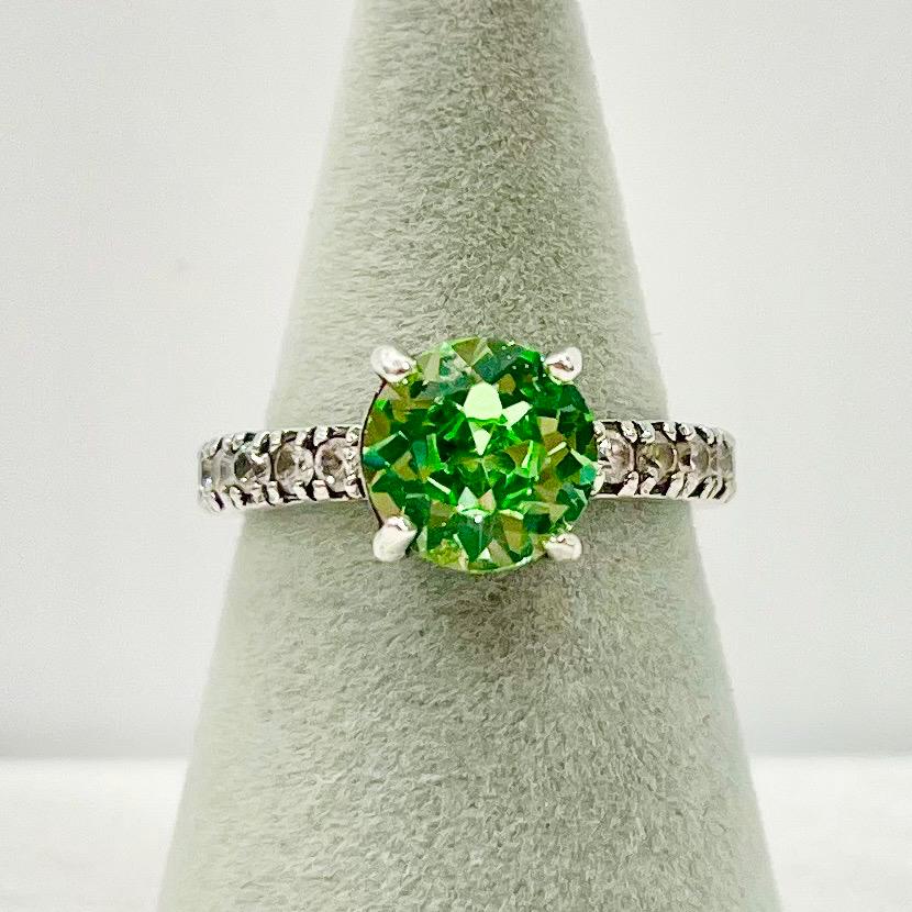 Sterling Silver Green Uranium Glass Round Cut Crystal Solitaire Ring with a Full Crystal Band UV Reactive Glow Size uk N 1/2 or us 7 TheGreenGlassGemShop