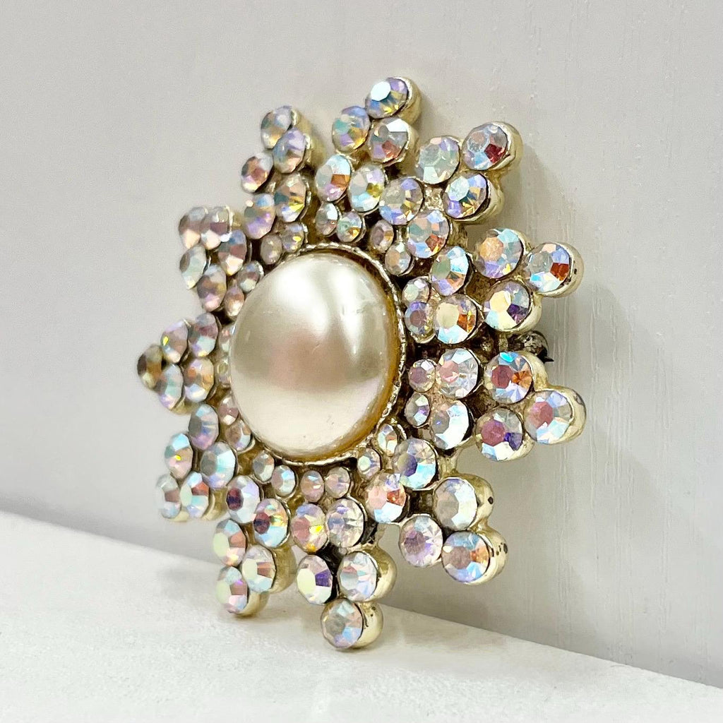 Vintage Huge Gold Tone Brooch Large Aurora Borealis Crystal Flower Design with Pearl Centre Contempory Costume Jewellery Statement Piece TheGreenGlassGemShop