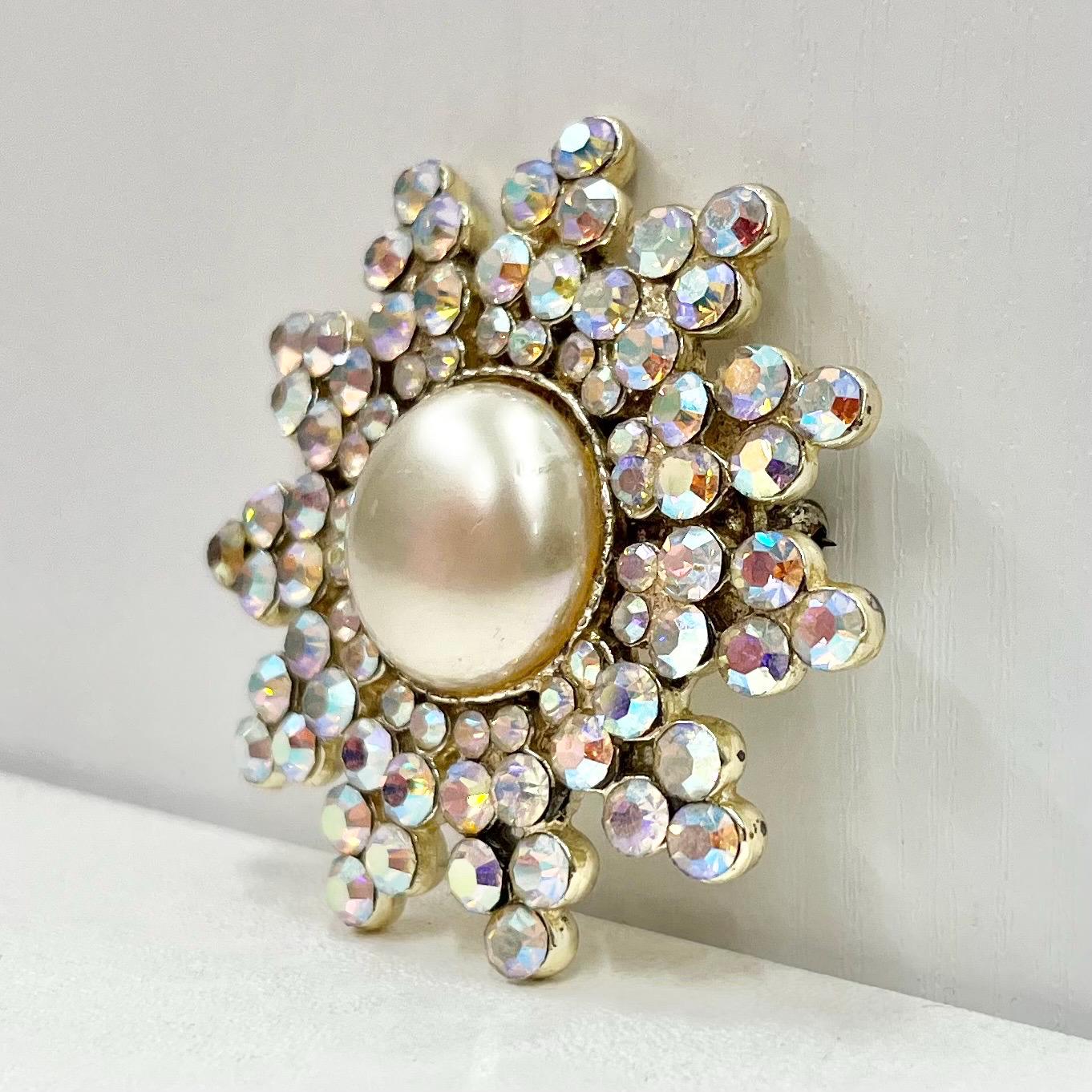 Vintage Huge Gold Tone Brooch Large Aurora Borealis Crystal Flower Design with Pearl Centre Contempory Costume Jewellery Statement Piece TheGreenGlassGemShop
